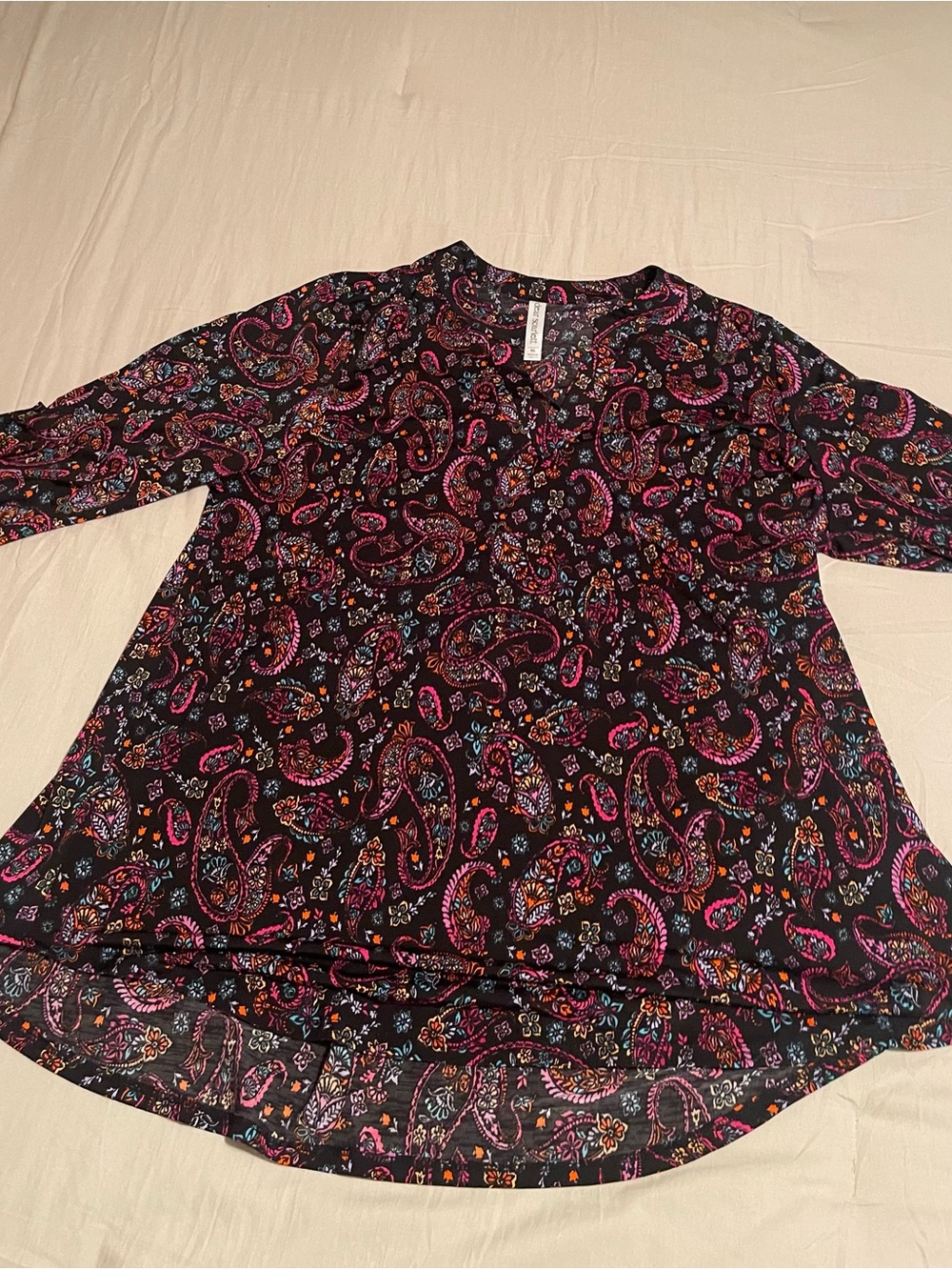 Black Paisley V-Neck Tunic Blouse with Pink & Teal Accents